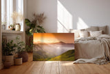 Sinus Art Wandbild 120x80cm Sanfte Hügellandschaft mit Lichtstimmung und Weitblick auf Bergketten