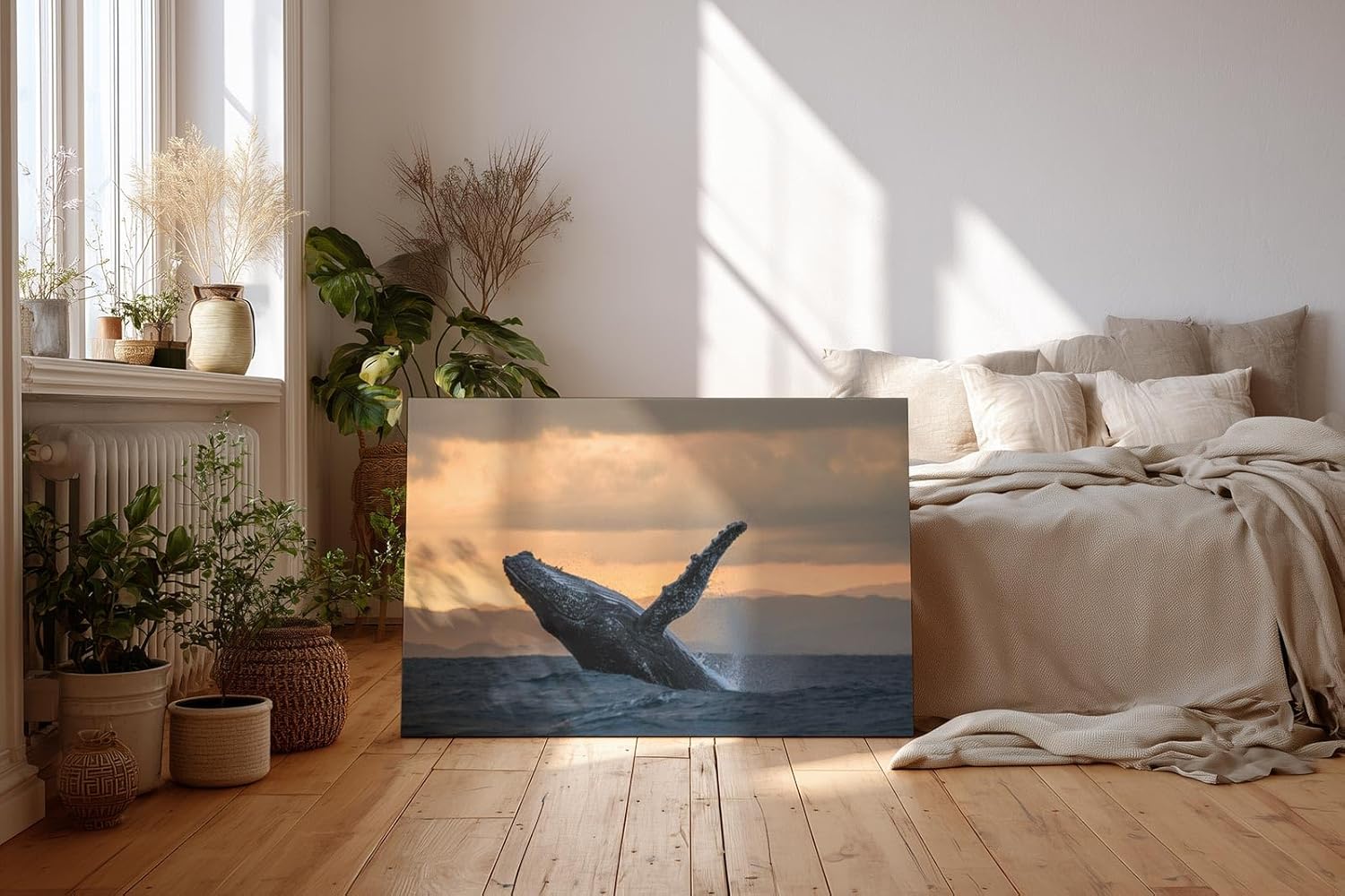 Sinus Art Wandbild 120x80cm Der Wal im Sprung vor dem Sonnenuntergang strahlt Kraft und Freiheit aus