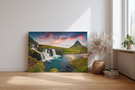 Sinus Art Wandbild 120x80cm Spektakuläres Zusammenspiel von Wasserfall, Berg und Himmel in Island