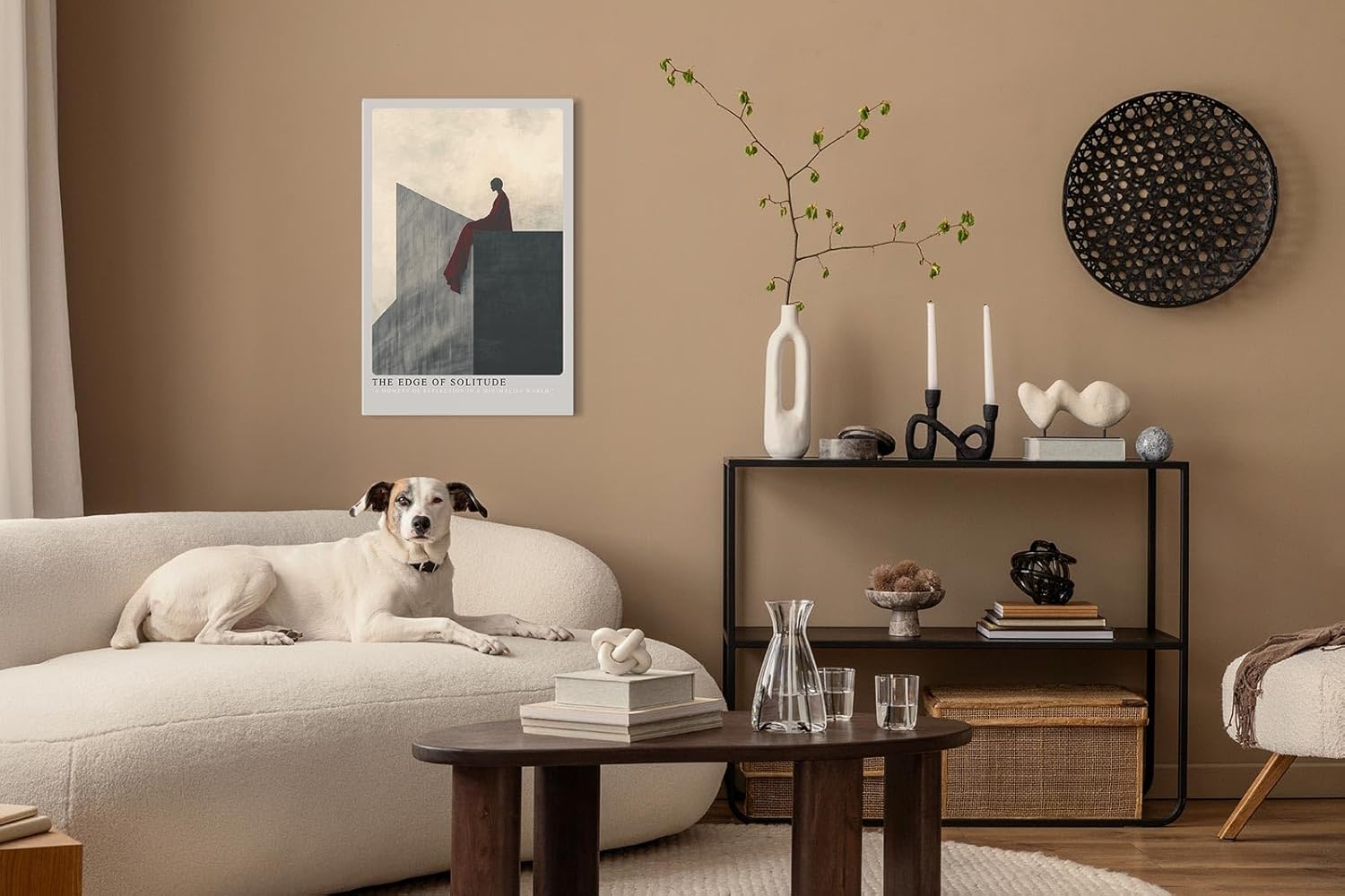 Paul Sinus Leinwandbild 60x90cm The Edge of Solitude – Minimalistische Kunst, abstrakte Silhouette auf geometrischer Architektur, tiefrote Drapierung