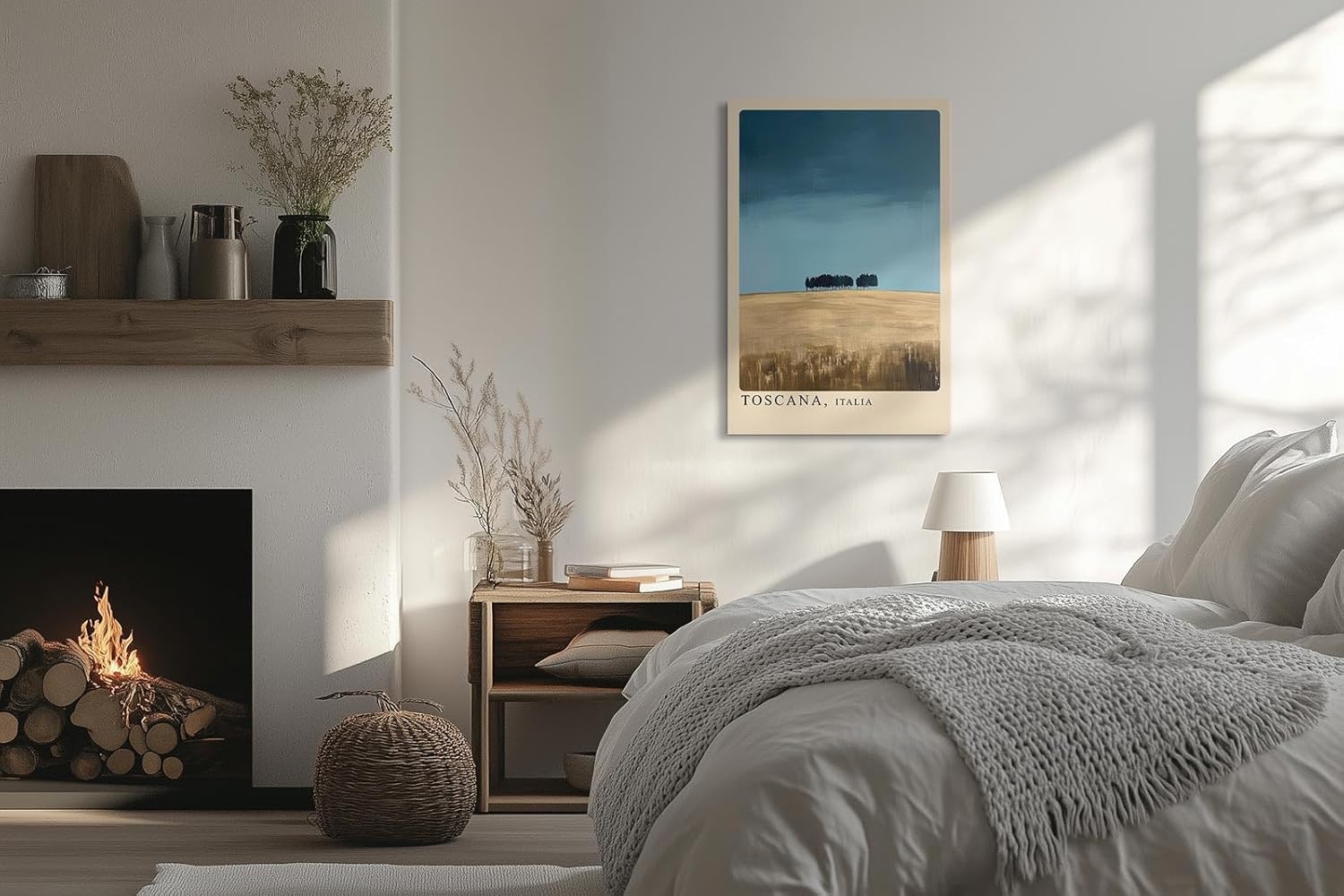 Paul Sinus Leinwandbild 80x120cm Toscana Minimalismus – Weite Landschaft mit sanften Feldern und charakteristischer Baumreihe unter klarem Himmel