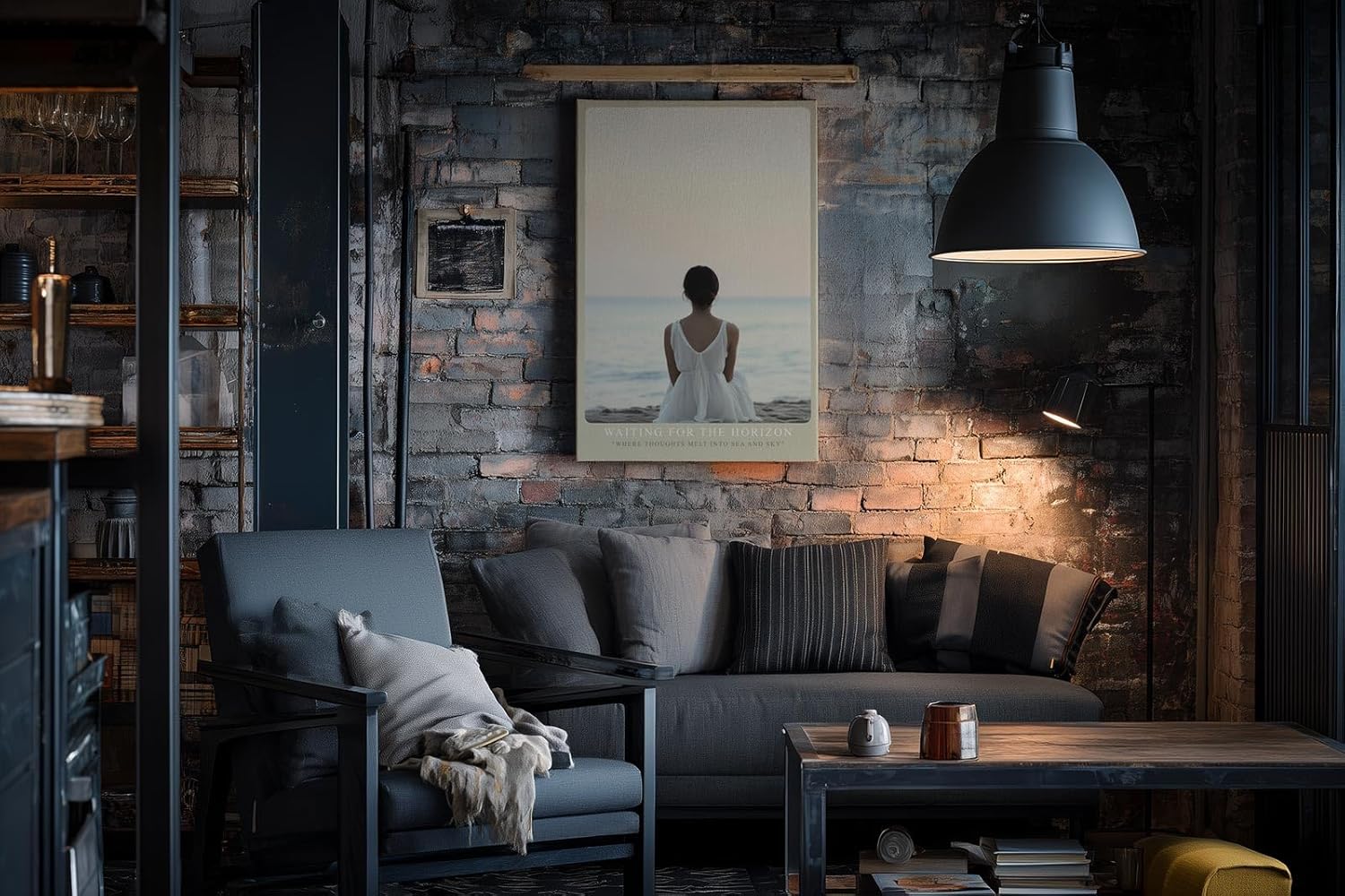 Paul Sinus Wandbild in 40x60cm Waiting for the Horizon – Frau in weißem Kleid am Strand mit Blick auf das Meer bei sanftem Sonnenuntergang