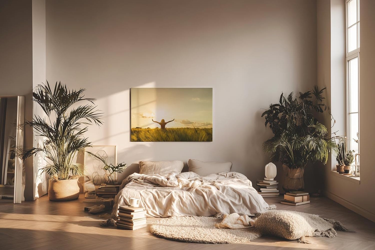 Sinus Art Wandbild 120x80cm Stimmungsvolle Silhouette einer Frau mit erhobenen Armen in einem goldenen Weizenfeld