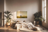 Sinus Art Wandbild 120x80cm Stimmungsvolle Silhouette einer Frau mit erhobenen Armen in einem goldenen Weizenfeld