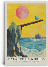 Paul Sinus Leinwandbild 60x90cm Leinwandbild Balance der Welten – Surreale Landschaft mit schwebenden Planeten und schwebender Plattform