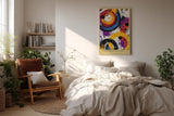 Paul Sinus Wandbild in 40x60cm The Chromatic Orbit – Abstrakte Kreisformationen in kräftigem Orange, Blau, Violett, Rot und Schwarz mit dynamischen Farbspritzern