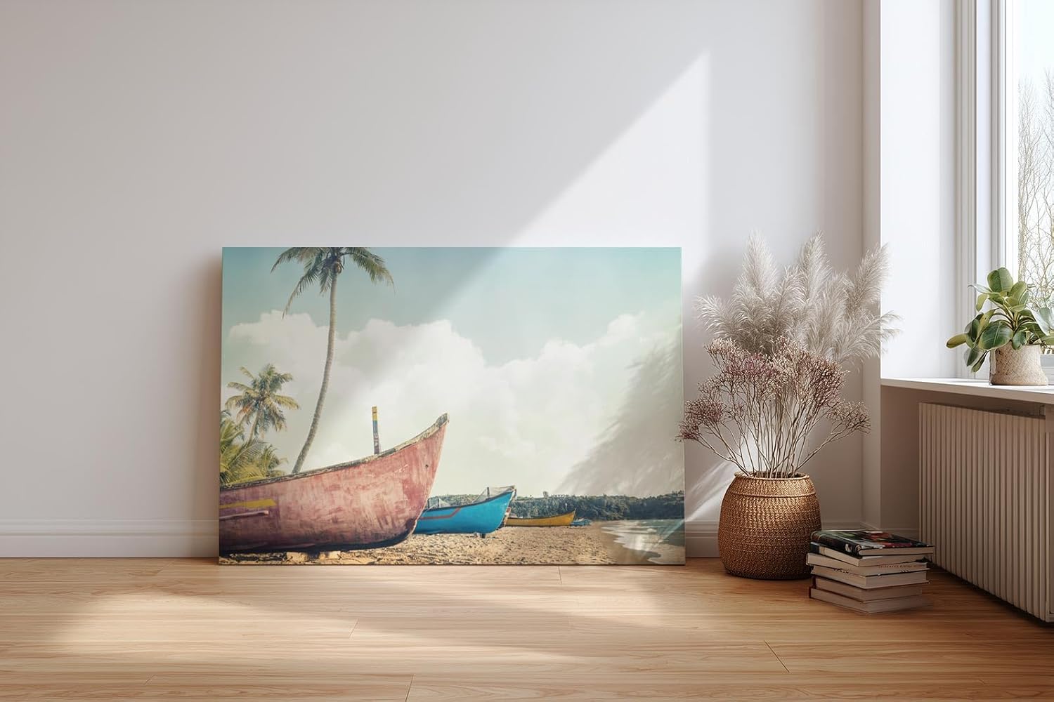 Sinus Art Wandbild 120x80cm Farbige Boote auf Sandstrand mit Palmen und tropischem Himmel im nostalgischen Stil