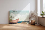 Sinus Art Wandbild 120x80cm Farbige Boote auf Sandstrand mit Palmen und tropischem Himmel im nostalgischen Stil