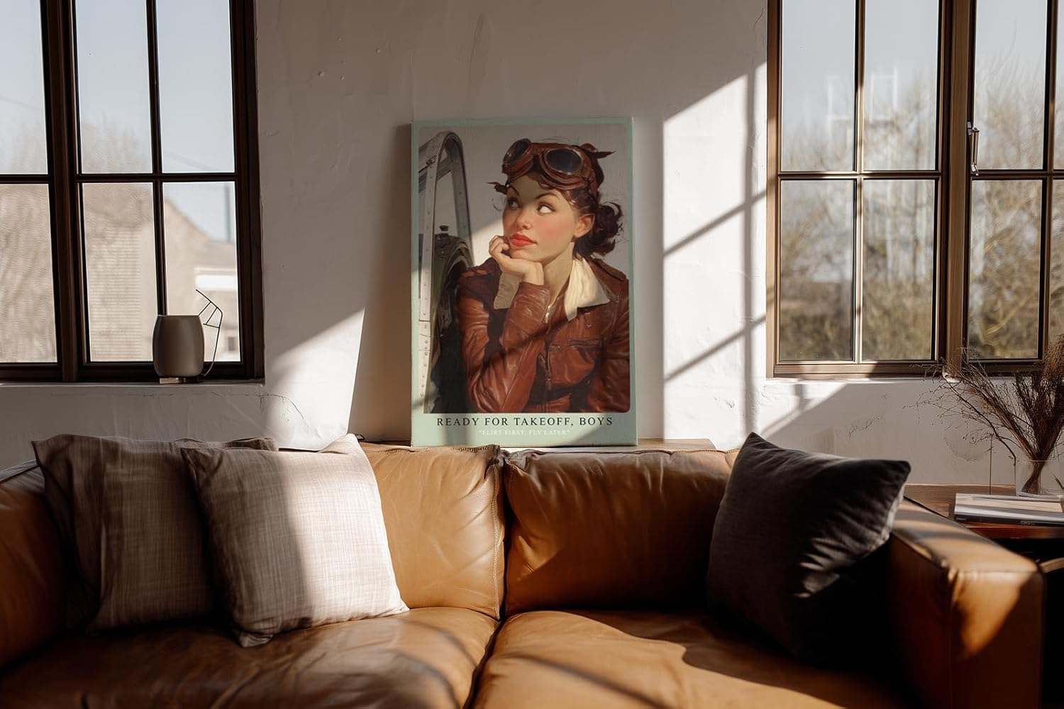 Paul Sinus Wandbild in 40x60cm Ready for Takeoff, Boys – Pin-up-Pilotin in Lederjacke und Fliegerbrille mit verträumtem Blick