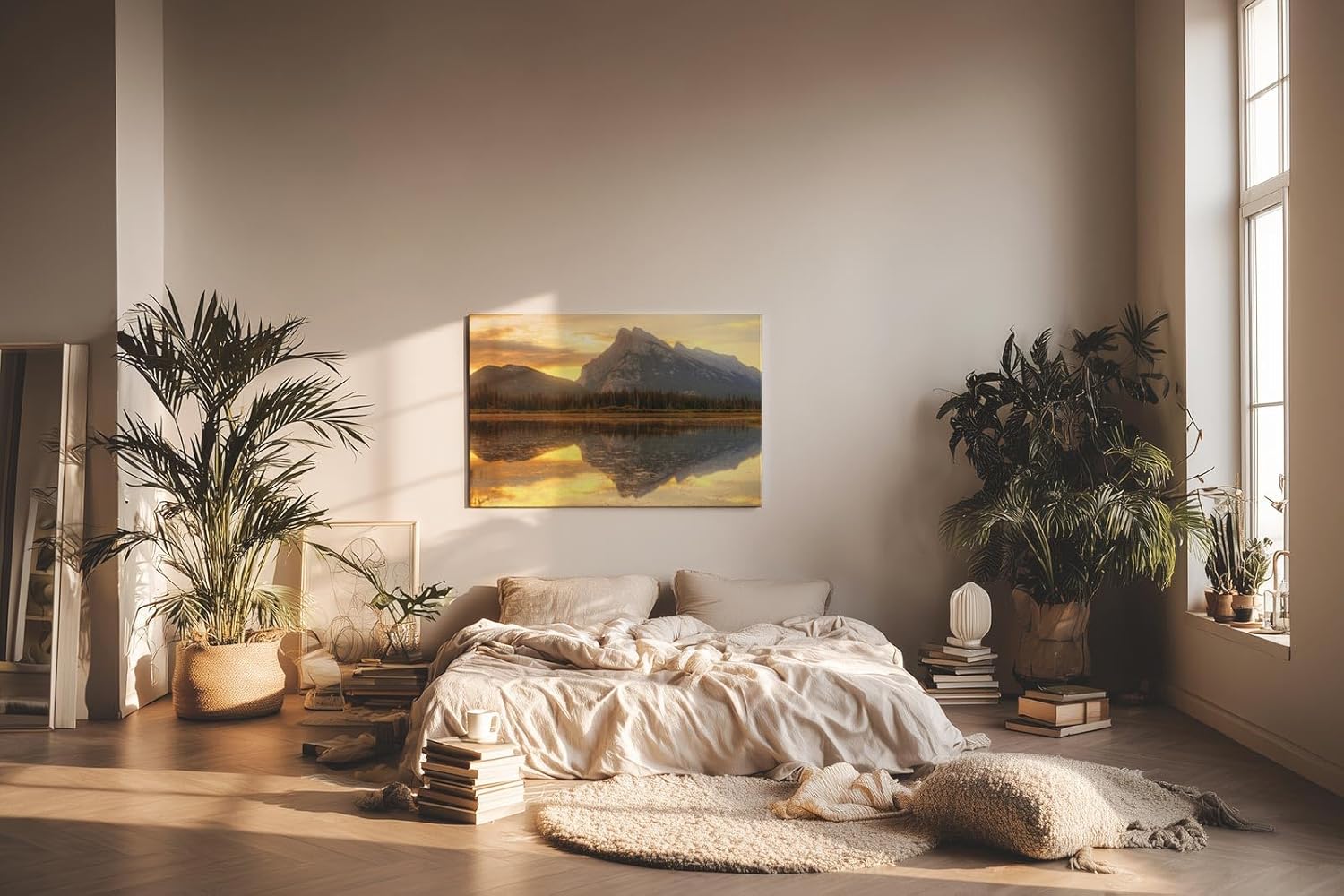 Sinus Art Wandbild 120x80cm Bergmassiv spiegelt sich im ruhigen See – warm, still und kraftvoll zugleich