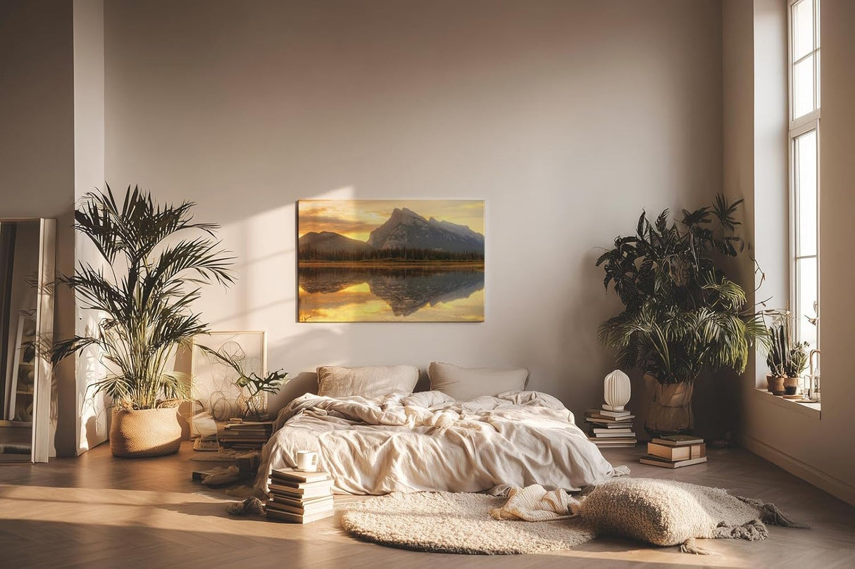 Sinus Art Wandbild 120x80cm Bergmassiv spiegelt sich im ruhigen See – warm, still und kraftvoll zugleich