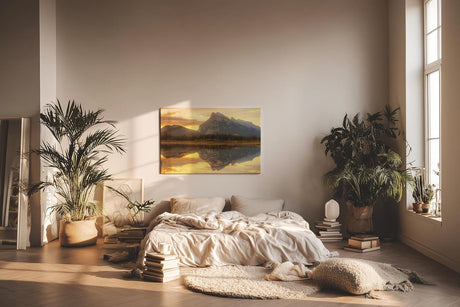 Sinus Art Wandbild 120x80cm Bergmassiv spiegelt sich im ruhigen See – warm, still und kraftvoll zugleich