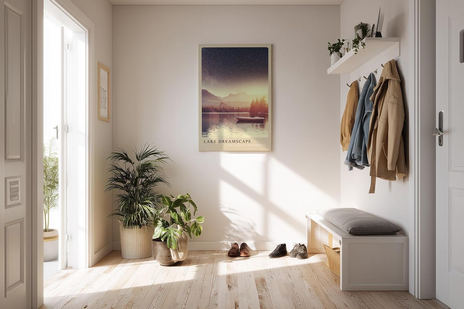 Paul Sinus Kunstdruck 40x60cm Lake Dreamscape – Sternenhimmel über ruhigem Bergsee mit Boot