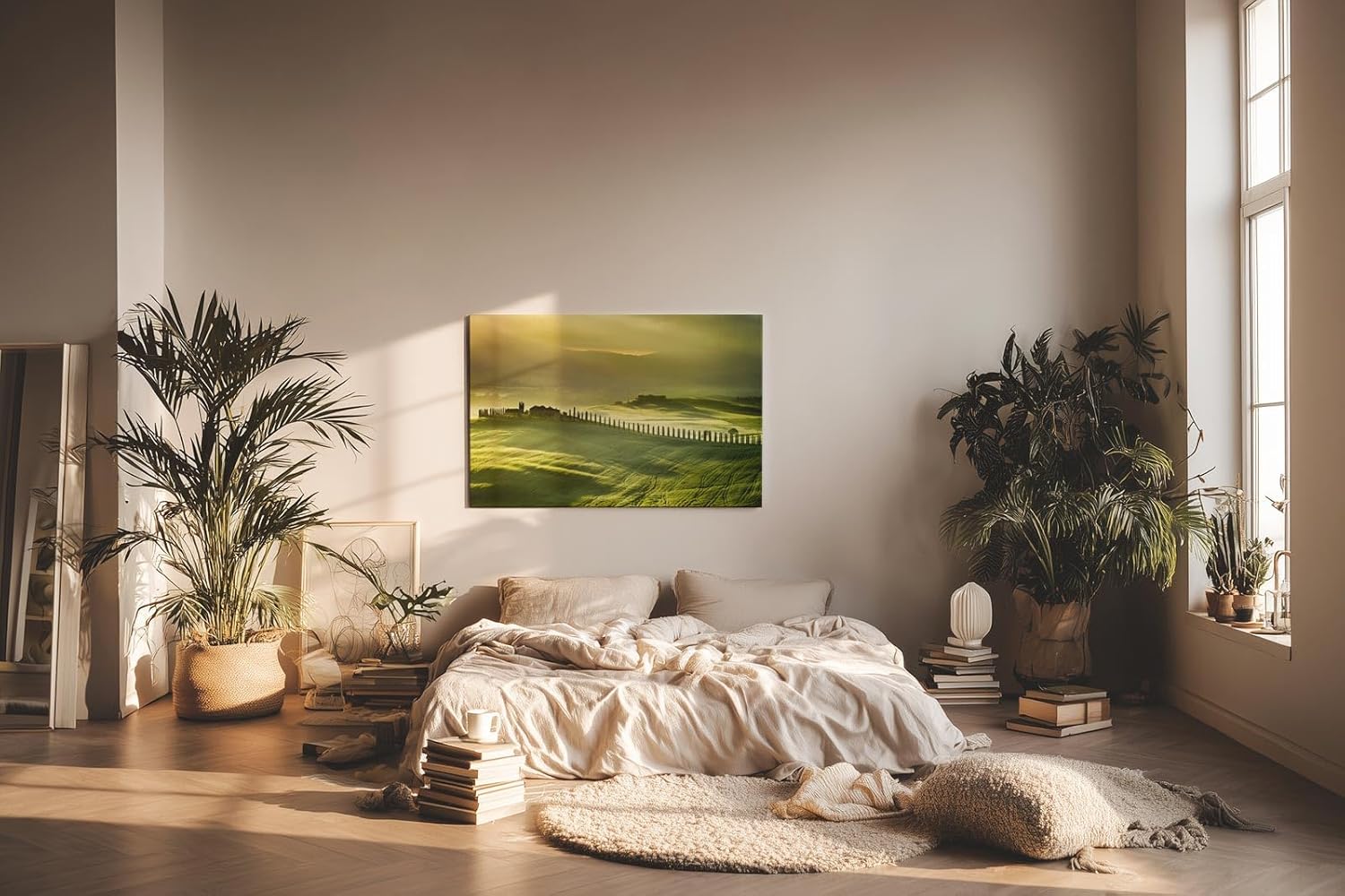Sinus Art Wandbild 120x80cm Tief liegendes Licht über grünen Hügeln mit typischer Zypressenallee und Bauernhof