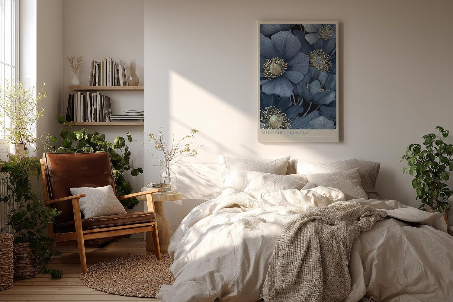 Paul Sinus Wandbild in 40x60cm Midnight Florals Dunkelblaue Blüten Illustration mit Goldakzenten