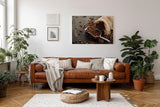 Sinus Art Wandbild 120x80cm Kaffeebohnen in Metallschaufel neben Jutesack auf dunklem Untergrund für authentisches Ambiente