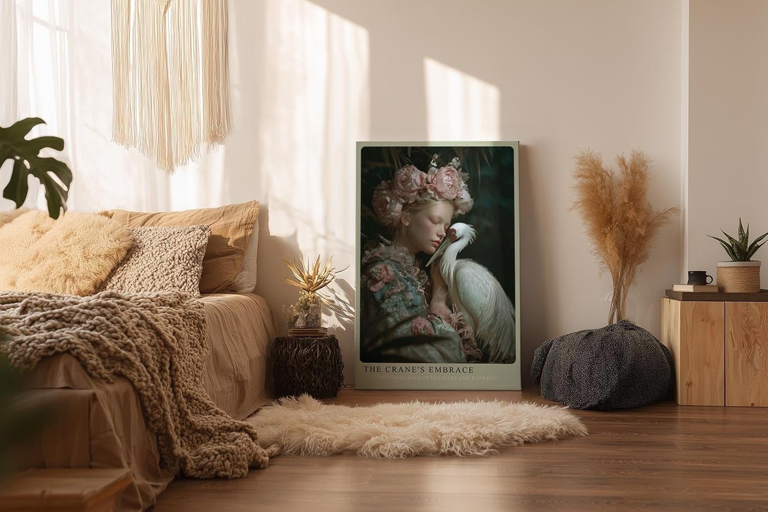 Paul Sinus Wandbild in 40x60cm Anmutige Frau mit Kranich und Blumenkrone in harmonischer Umarmung
