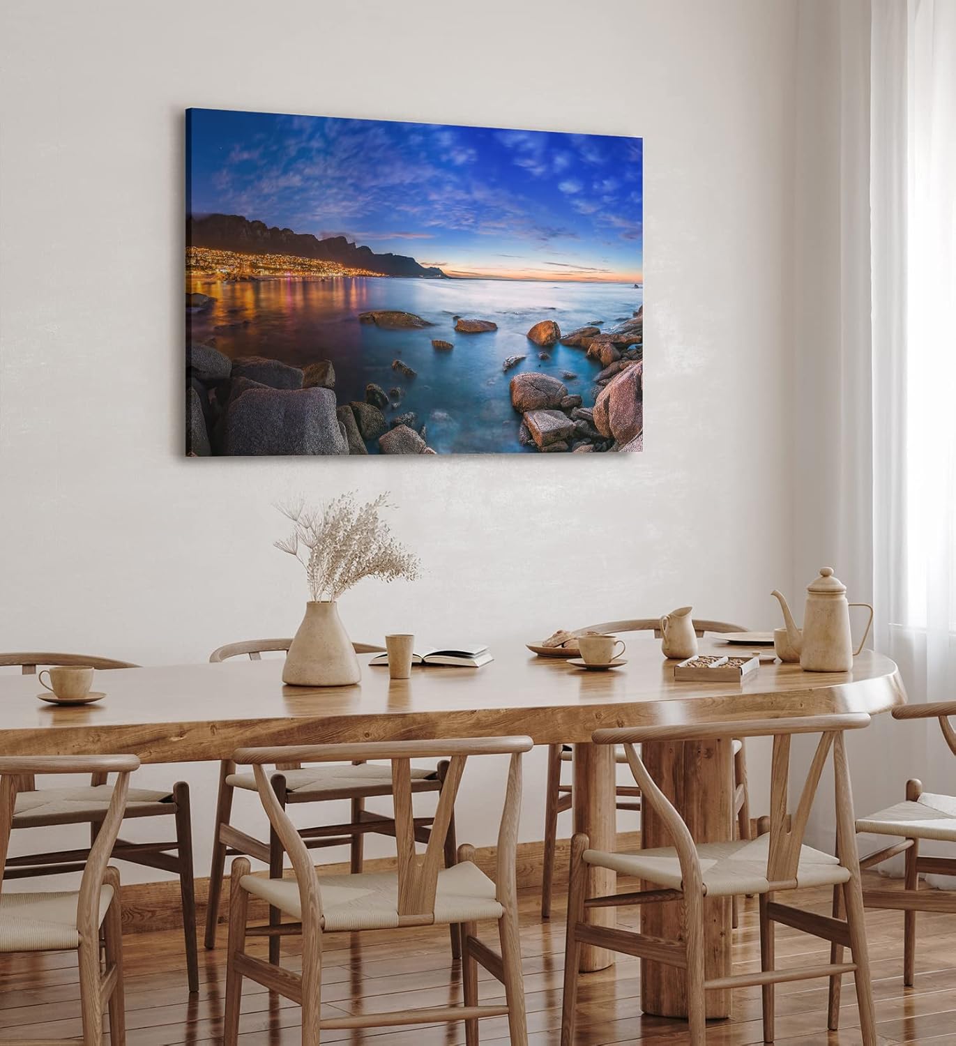 Paul Sinus Wandbild 120x80cm Küstenstadt Meer Felsen Stadtlichter Berge Abenddämmerung