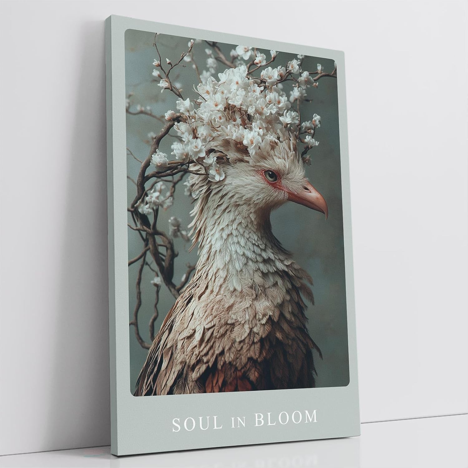 Paul Sinus Leinwandbild 80x120cm Leinwandbild Soul in Bloom naturverbundene Kunst poetische Eleganz florale Harmonie stilvolle Ästhetik Vogel mit Blüten
