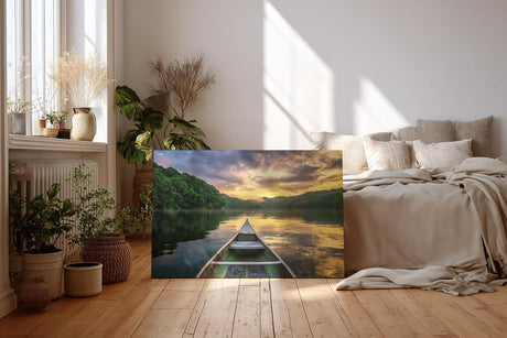 Sinus Art Wandbild 120x80cm Blick vom Boot auf stillen See im Abendlicht – meditativ, klar und inspirierend