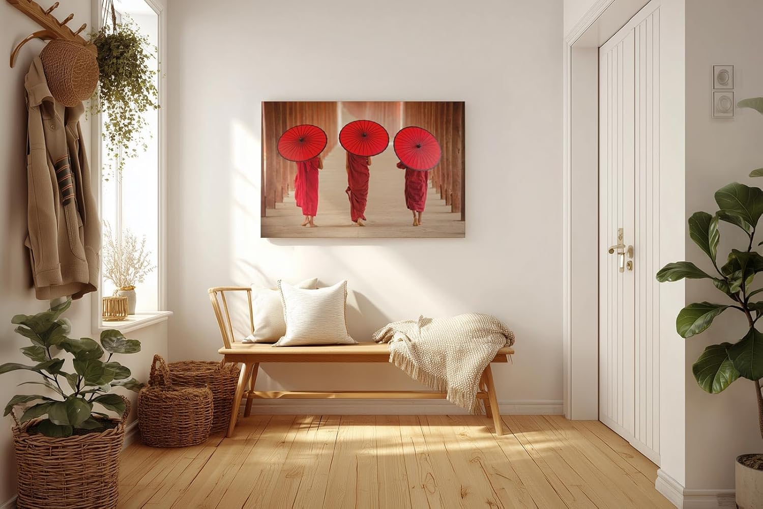 Sinus Art Wandbild 120x80cm Drei Mönche mit traditionellen Schirmen in rhythmischer Komposition