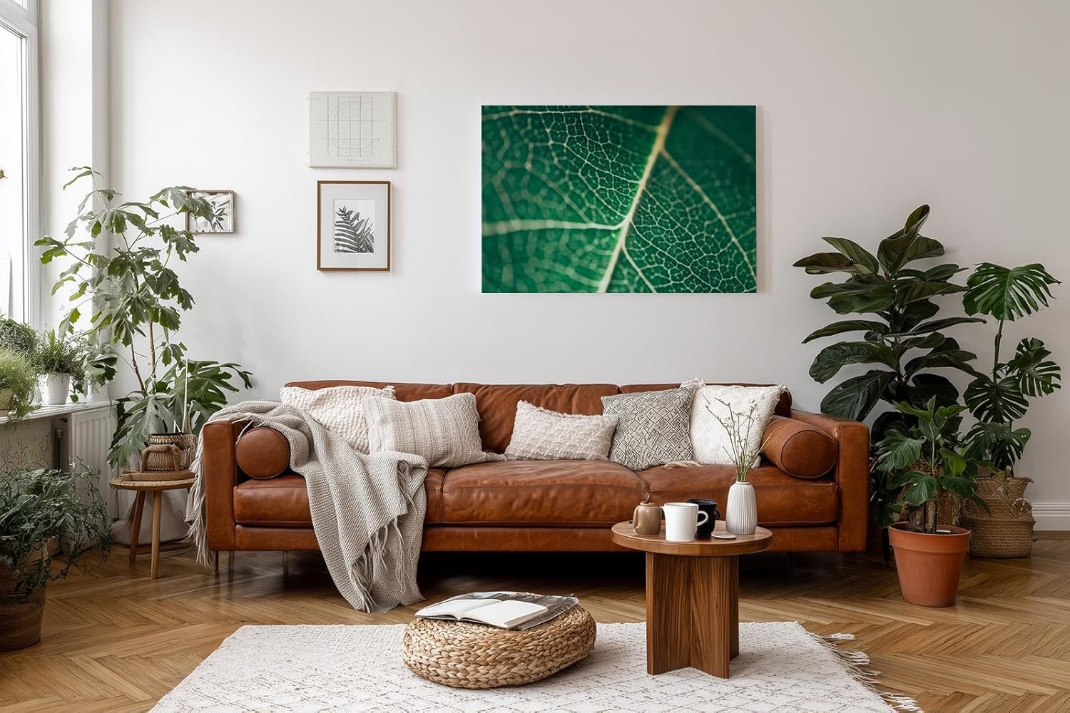 Sinus Art Wandbild 120x80cm Makroaufnahme eines grünen Blattes mit klarer Aderstruktur – faszinierend natürlich