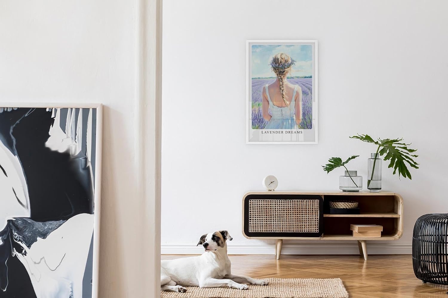 Paul Sinus Leinwandbild 80x120cm romantische Frau im Lavendelfeld mit zartem Blumenkranz – kunstvolles Leinwandbild für stilvolle Raumgestaltung