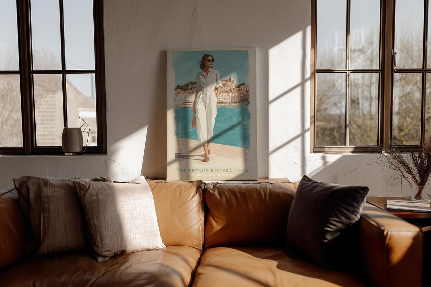 Paul Sinus Wandbild in 40x60cm Französische Riviera Frau im weißen Jumpsuit am Hafen mediterrane Eleganz auf Leinwand