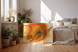 Sinus Art Wandbild 120x80cm Kreisförmige Strukturen in Orange und Gelb mit zentraler schwungvoller schwarzer Linie