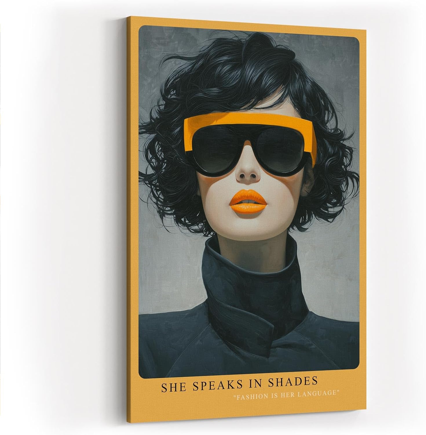 Paul Sinus Wandbild in 40x60cm She Speaks in Shades – modernes Porträt einer Frau mit gelber Sonnenbrille und Lippenstift, Fashion-Art in ausdrucksstarkem Stil