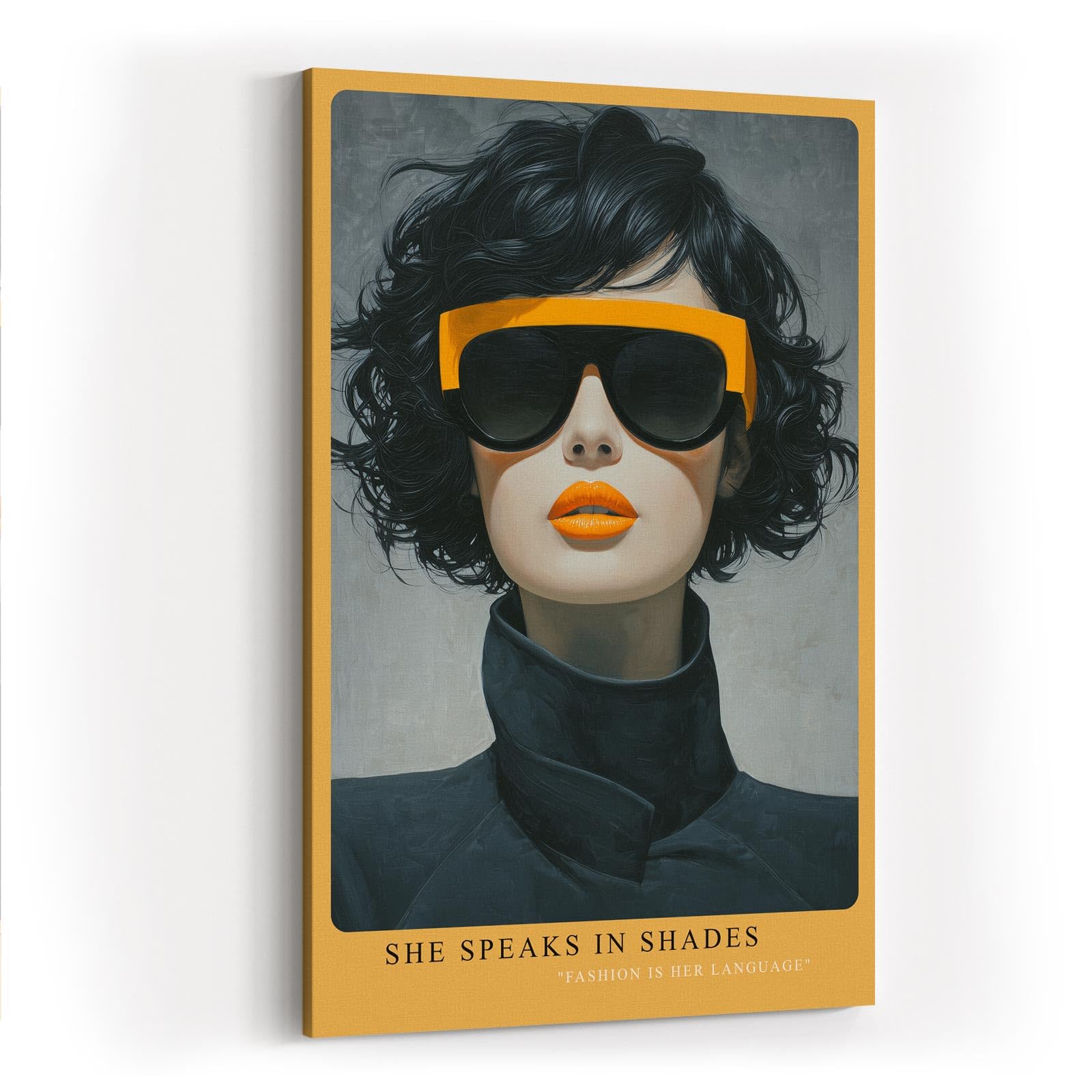 Paul Sinus Wandbild in 40x60cm She Speaks in Shades – modernes Porträt einer Frau mit gelber Sonnenbrille und Lippenstift, Fashion-Art in ausdrucksstarkem Stil
