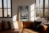 Paul Sinus Wandbild in 40x60cm Bunny Mode: On – Humorvolles Kaninchenporträt in Schwarz-Weiß mit neugierigem Blick