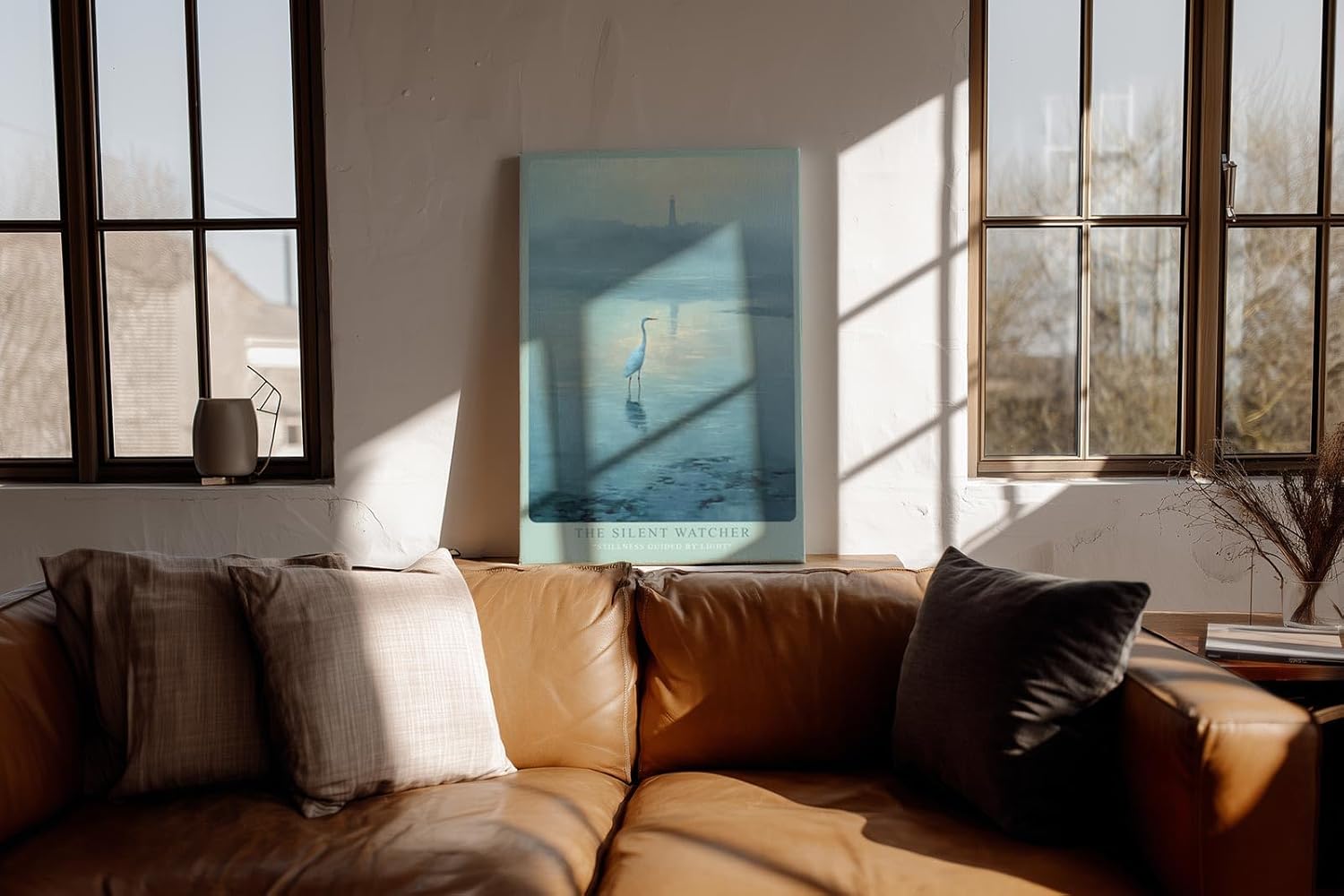 Paul Sinus Wandbild in 40x60cm The Silent Watcher mit elegantem Reiher vor nebliger Küstenlandschaft für ruhige Wandgestaltung