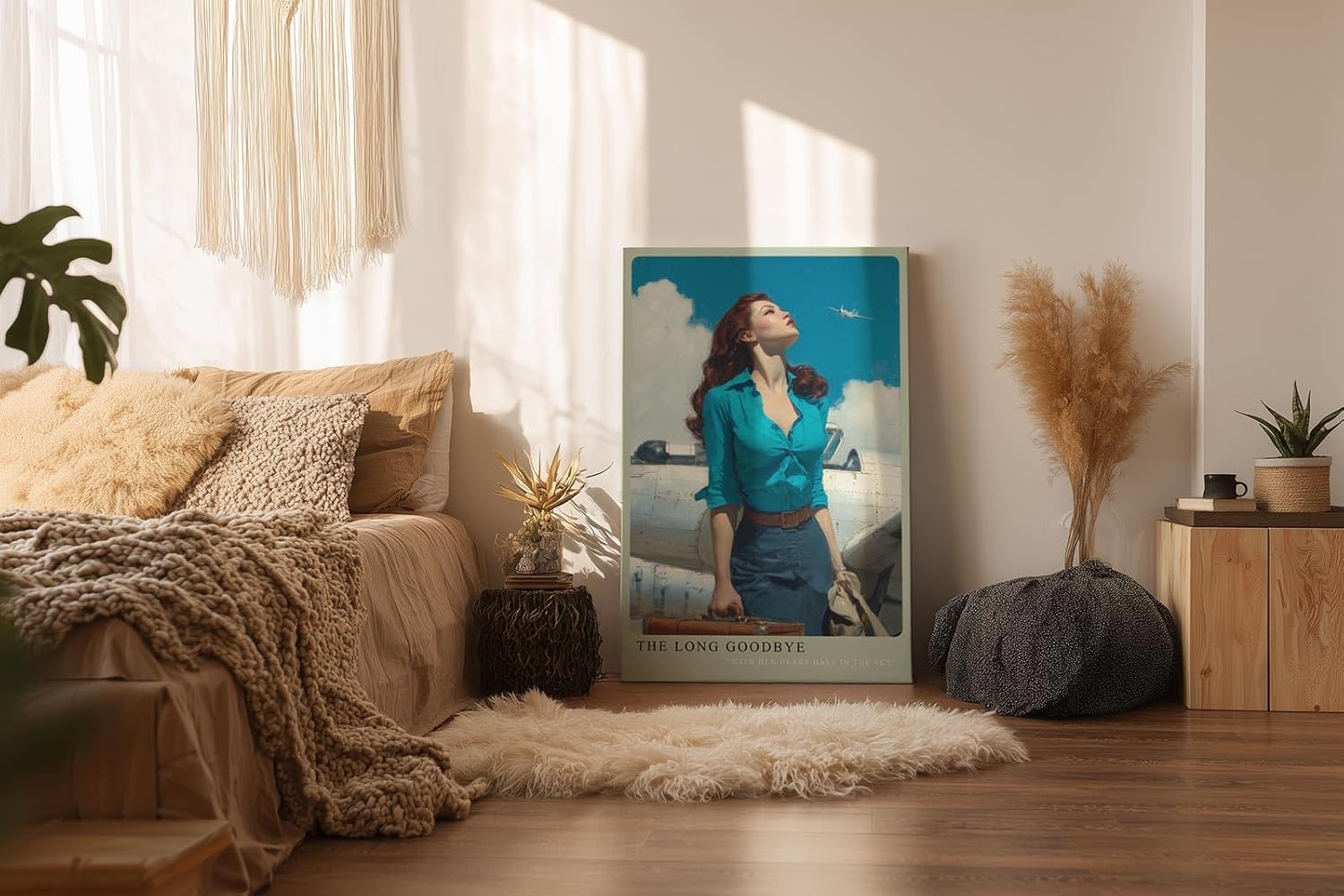 Paul Sinus Wandbild in 40x60cm The Long Goodbye mit stilvoller Frau vor silbernem Flugzeug und Blick in den Himmel für elegante Wandgestaltung