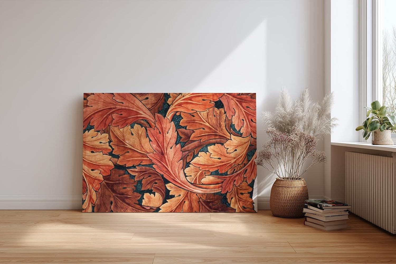 Sinus Art Wandbild 120x80cm Dynamisches Blattmotiv in warmen Rottönen auf dunklem Hintergrund in ornamentaler Form