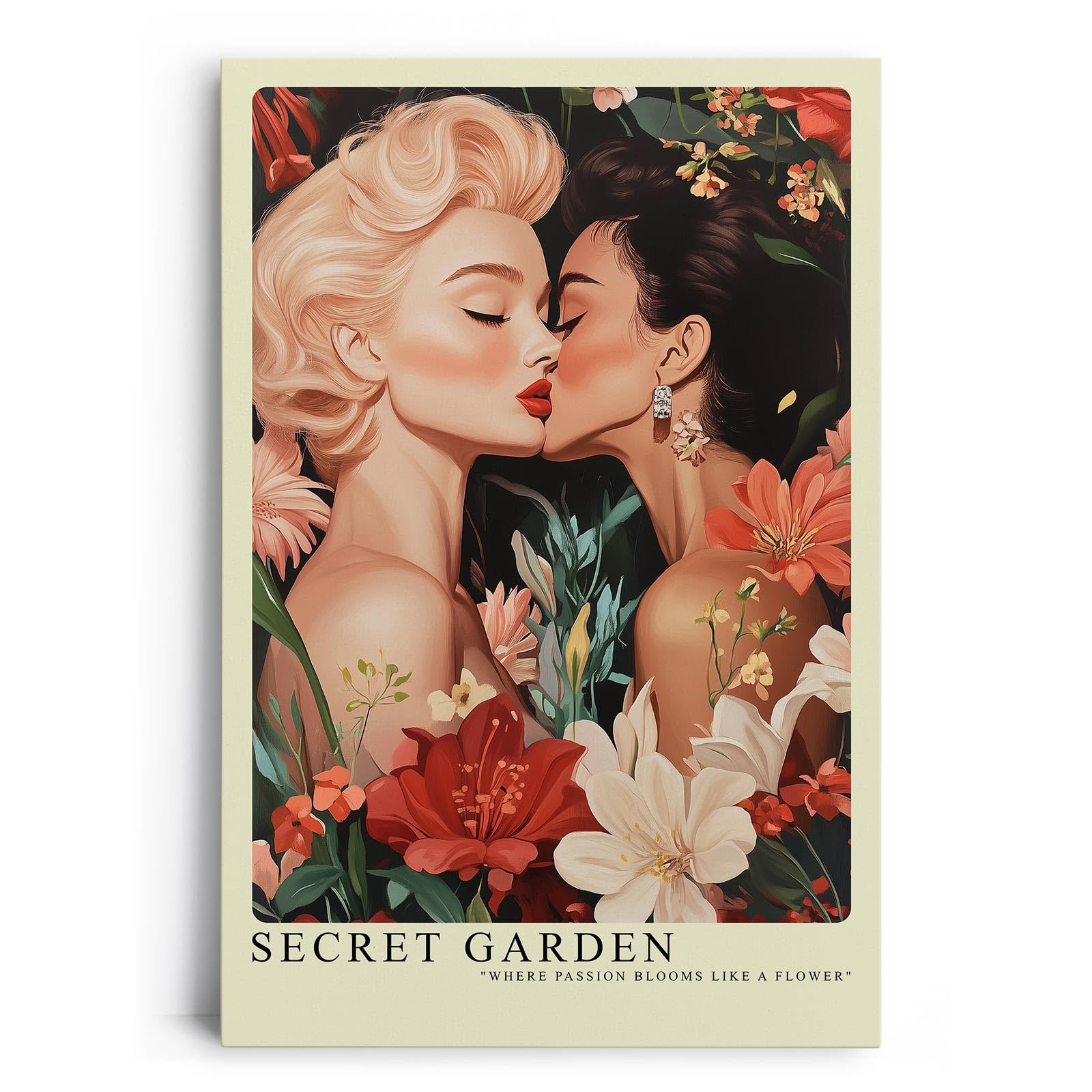 Paul Sinus Leinwandbild 80x120cm Geheimer Garten – Ausdrucksstarke Illustration zweier Frauen in inniger Verbindung, umgeben von floraler Pracht