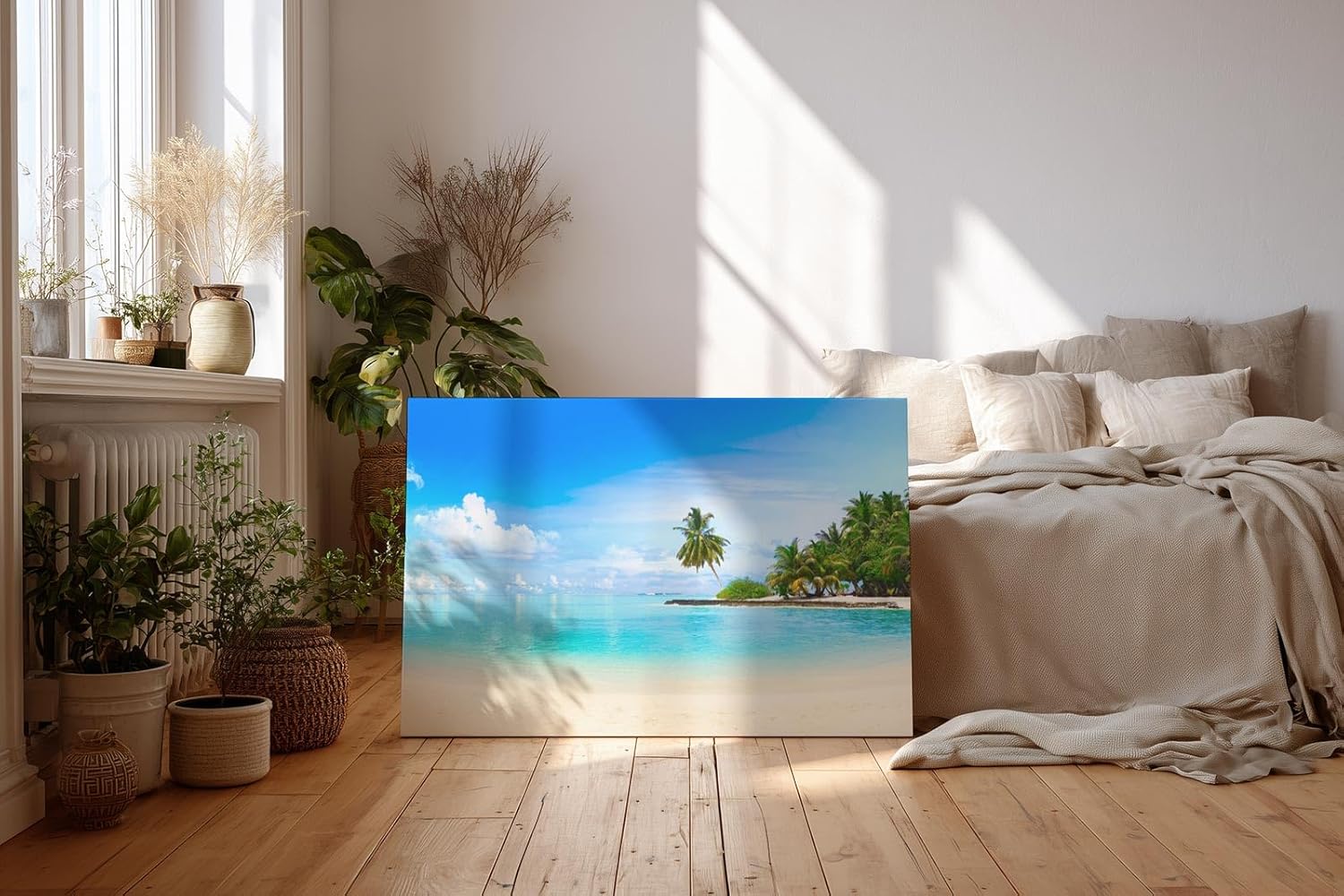 Sinus Art Wandbild 120x80cm Tropische Insel mit Palmen und weißem Sandstrand für entspannende Raumwirkung