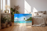 Sinus Art Wandbild 120x80cm Tropische Insel mit Palmen und weißem Sandstrand für entspannende Raumwirkung