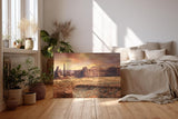Sinus Art Wandbild 120x80cm Faszinierende Gesteinsformationen unter goldenem Himmel in Western-Atmosphäre