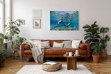 Sinus Art Wandbild 120x80cm Faszinierende Szene mit schwimmenden Seelöwen in Bewegung in türkisblauer Umgebung
