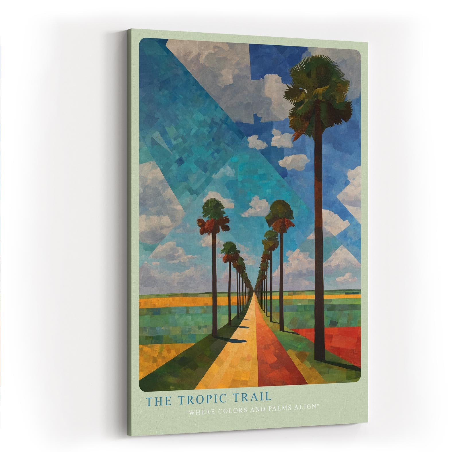 Paul Sinus Wandbild in 40x60cm The Tropic Trail mit farbintensiver Palmenallee und geometrischem Himmel für lebendige Raumgestaltung