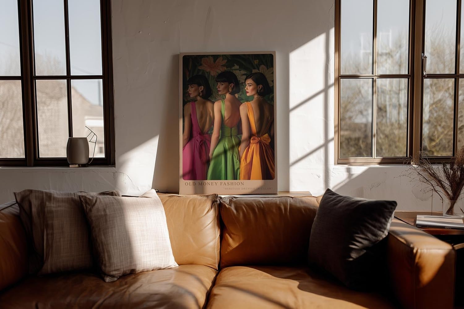 Paul Sinus Wandbild in 40x60cm Old Money Fashion – Elegante Damen in farbenfrohen Kleidern vor floralem Hintergrund, stilvolles Retro-Design für luxuriöse Wohnakzente