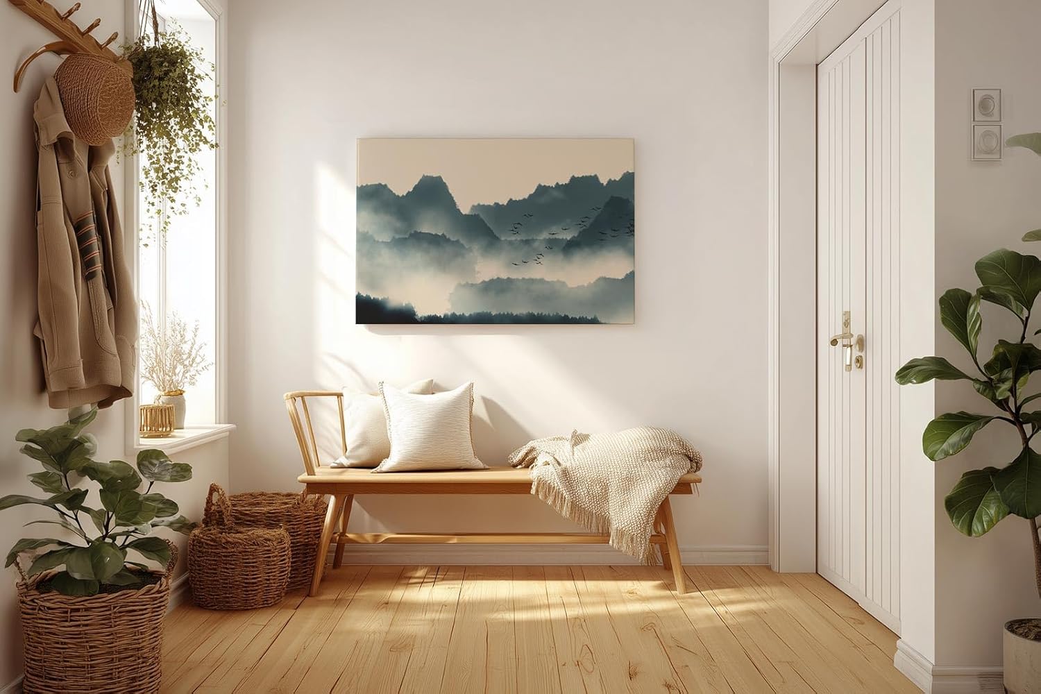 Sinus Art Wandbild 120x80cm Faszinierende Bergsilhouetten im Nebel mit dynamischem Vogelschwarm erzeugen eine ruhige und kraftvolle Atmosphäre