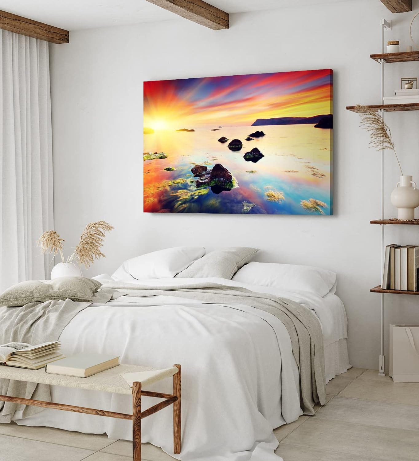 Paul Sinus Wandbild 120x80cm Meer Felsen Küste Sonne Sonnenstrahl Horizont Rot