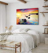 Paul Sinus Wandbild 120x80cm Meer Felsen Küste Sonne Sonnenstrahl Horizont Rot
