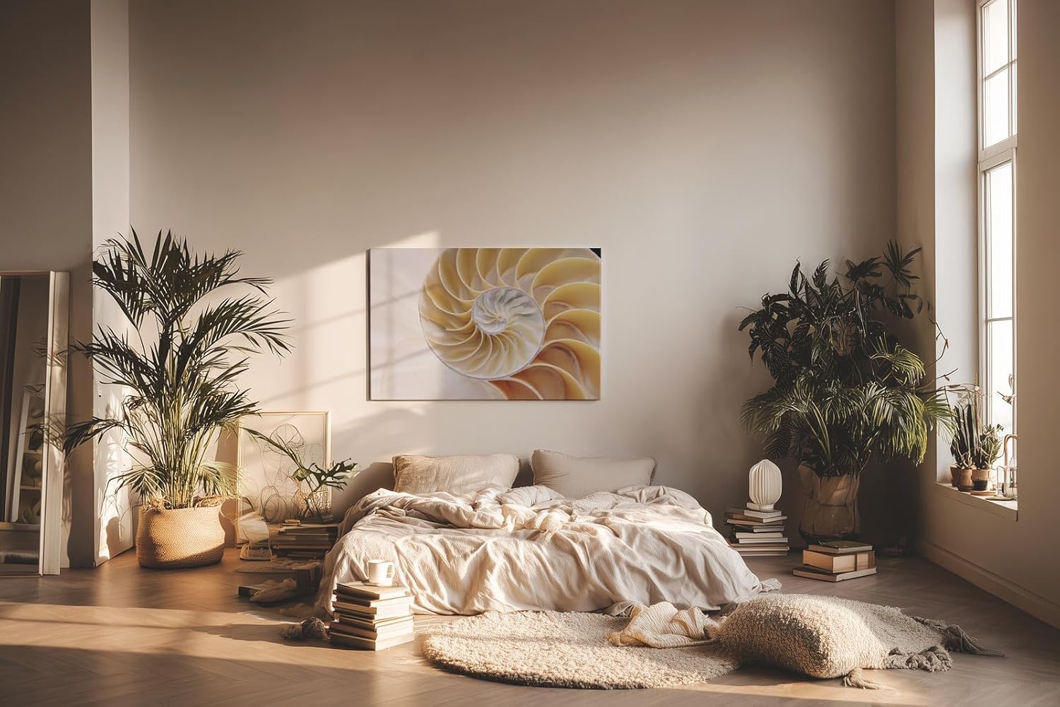 Sinus Art Wandbild 120x80cm Spiralförmige Nautilus-Schale in sanften Beige- und Perlmutttönen