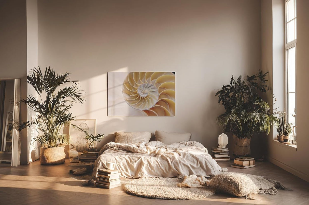 Sinus Art Wandbild 120x80cm Spiralförmige Nautilus-Schale in sanften Beige- und Perlmutttönen