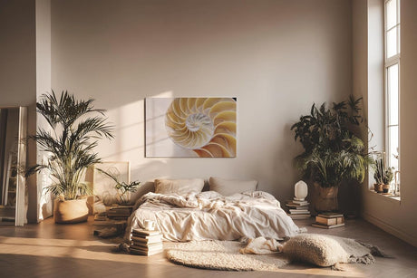 Sinus Art Wandbild 120x80cm Spiralförmige Nautilus-Schale in sanften Beige- und Perlmutttönen