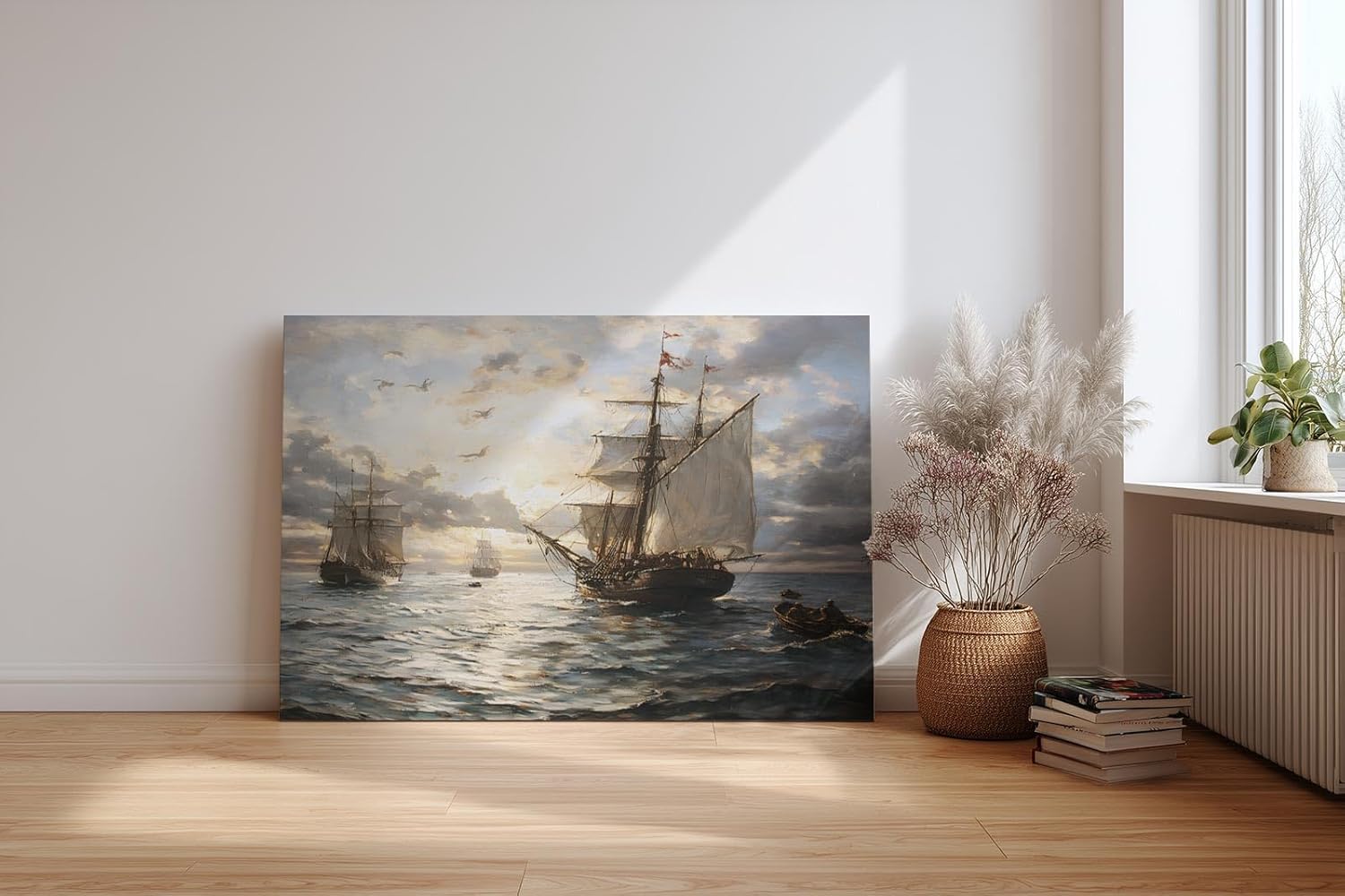 Sinus Art Wandbild 120x80cm Romantische Seeszene mit alten Segelschiffen, Möwen und Abendstimmung auf ruhiger Wasserfläche