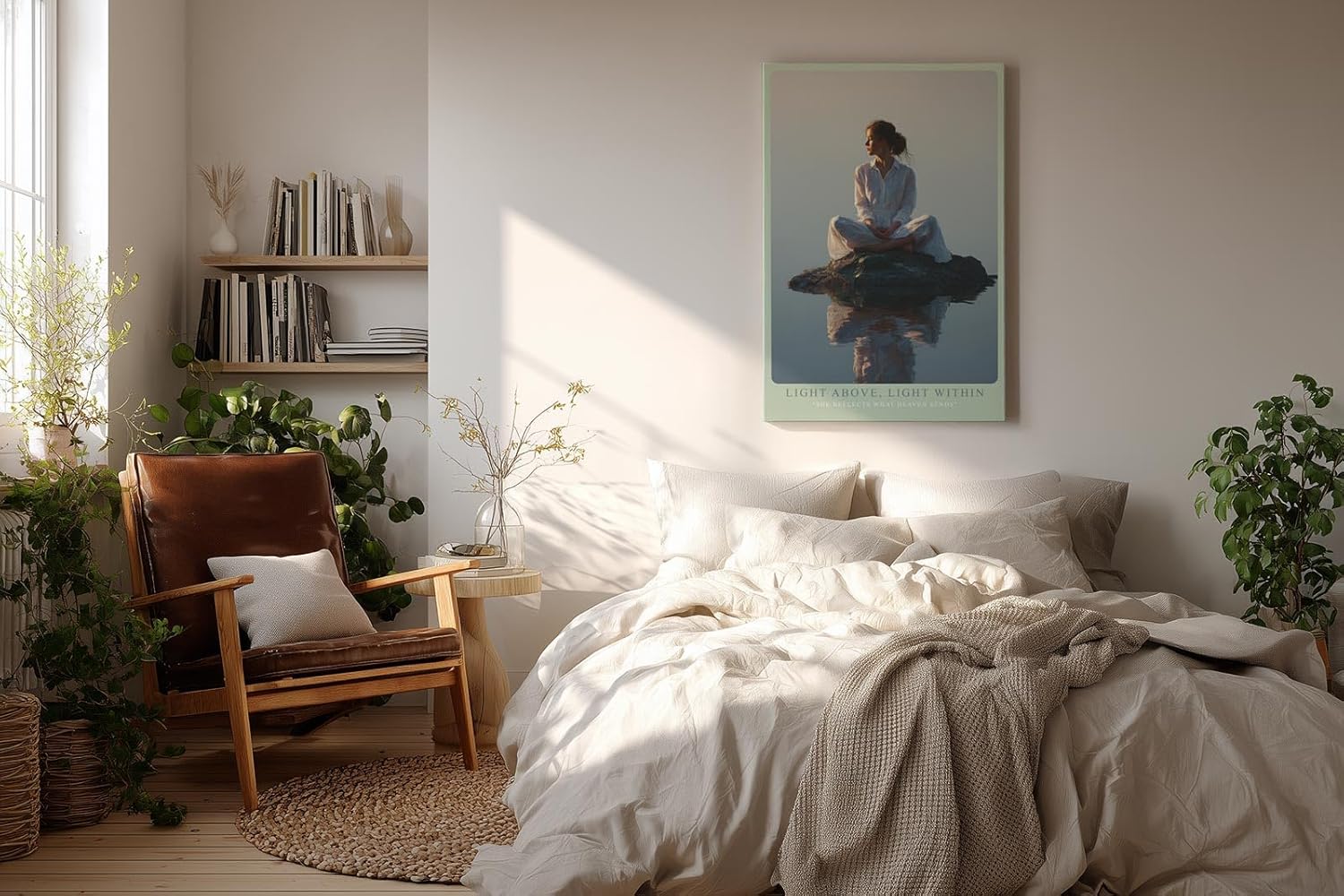 Paul Sinus Wandbild in 40x60cm Light Above, Light Within – Meditatives Porträt einer Frau in weißem Gewand, sitzend auf einem Felsen im stillen Wasser bei Sonnenaufgang